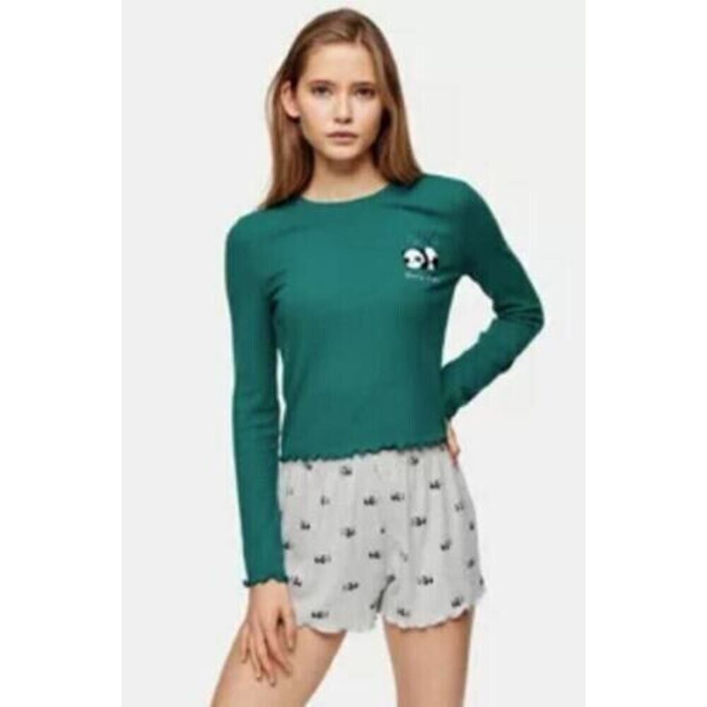 Topshop Women's Ribbed Panda Pajama Set In Forest Green Size 8-10